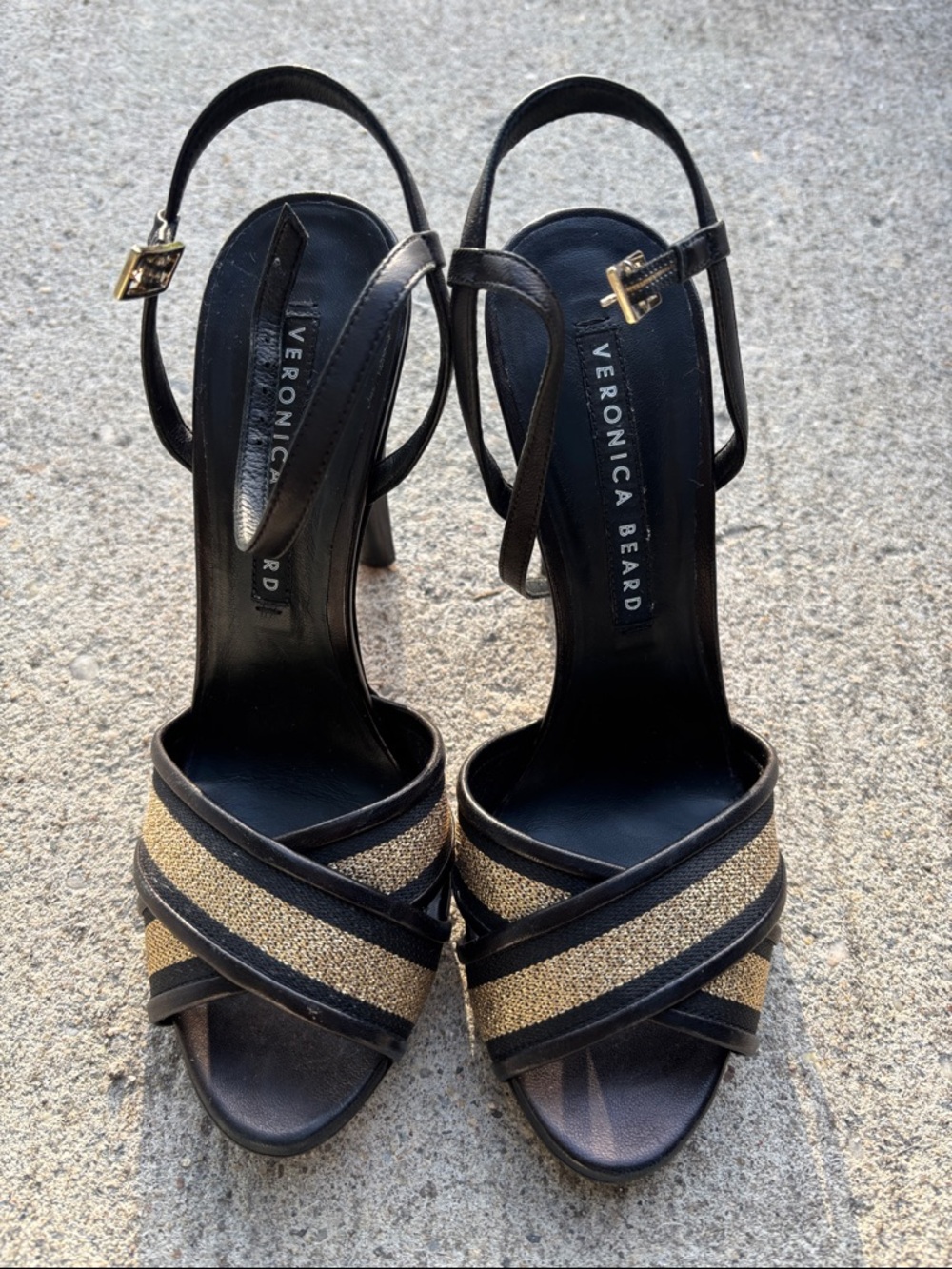 Veronica Beard Black Sandals with Gold Woven Straps